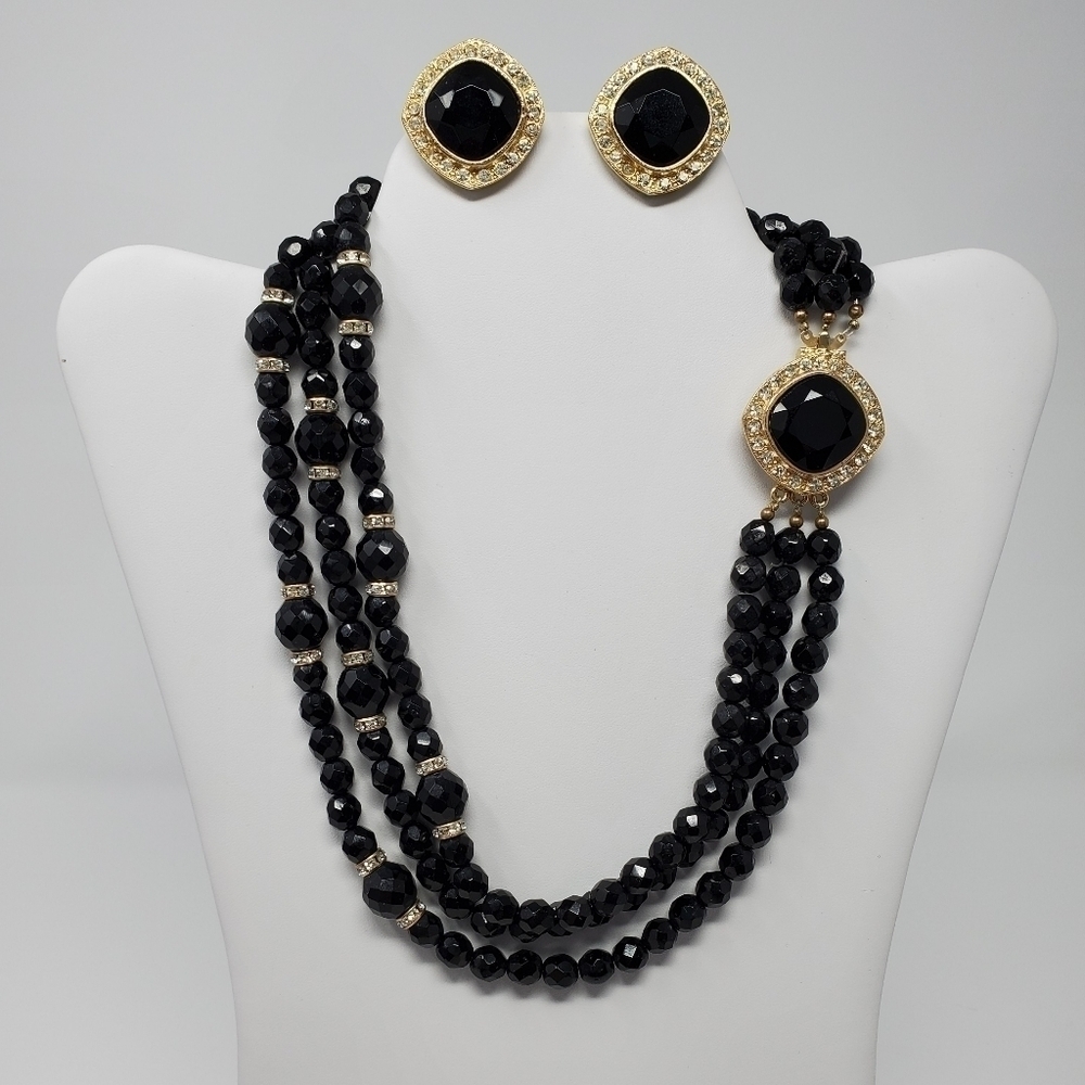 VINTAGE GJD SIGNED DEMI PARURE NECKLACE CLIP ON EARRINGS BLACK CRYSTAL 1980S
